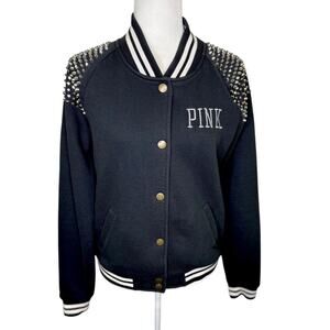 PINK Victoria Secret Black Studded Varsity Bomber Jacket Medium - RARE